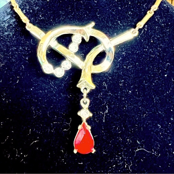 Vintage Twisted Knot Art Nouveau Style Gold Tone Choker Necklace Red Pear Stone - Picture 4 of 7